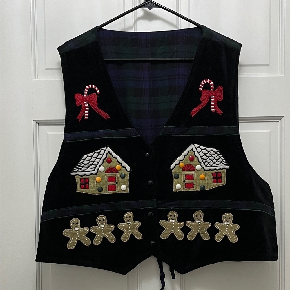 Velvet Black Vest with Holiday Gingerbread House Design - Size XL (approx.)